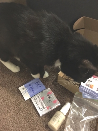 Coco sniffing the contents of my September Goodbeing box