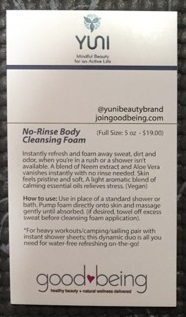 Yuni No-Rinse Body Cleansing Foam back of card